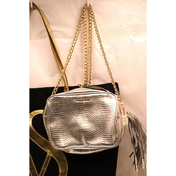 Victorias Secret Crossbody Purse Silver W/ Chain Strap Tassel + Black Tote Bag - Picture 4 of 9